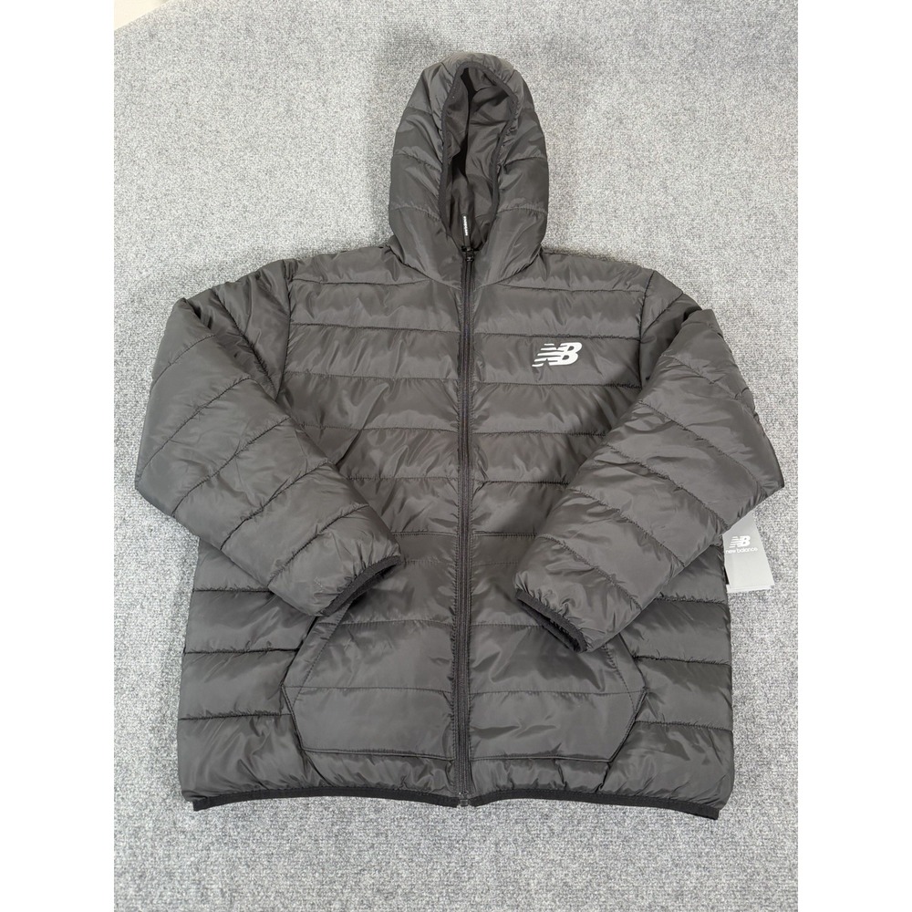 NWT New Balance Tech Puffer Hooded Jacket Mens Medium Black Comfort Fit Full Zip - Picture 1 of 14